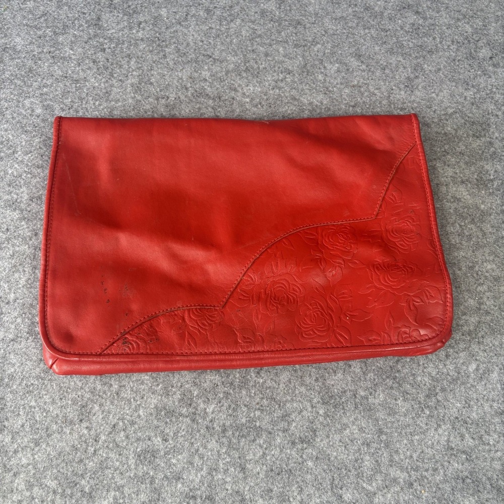 Barganza Floral Embossed Clutch Medium Red Leather‎ Rose Detail Handbag